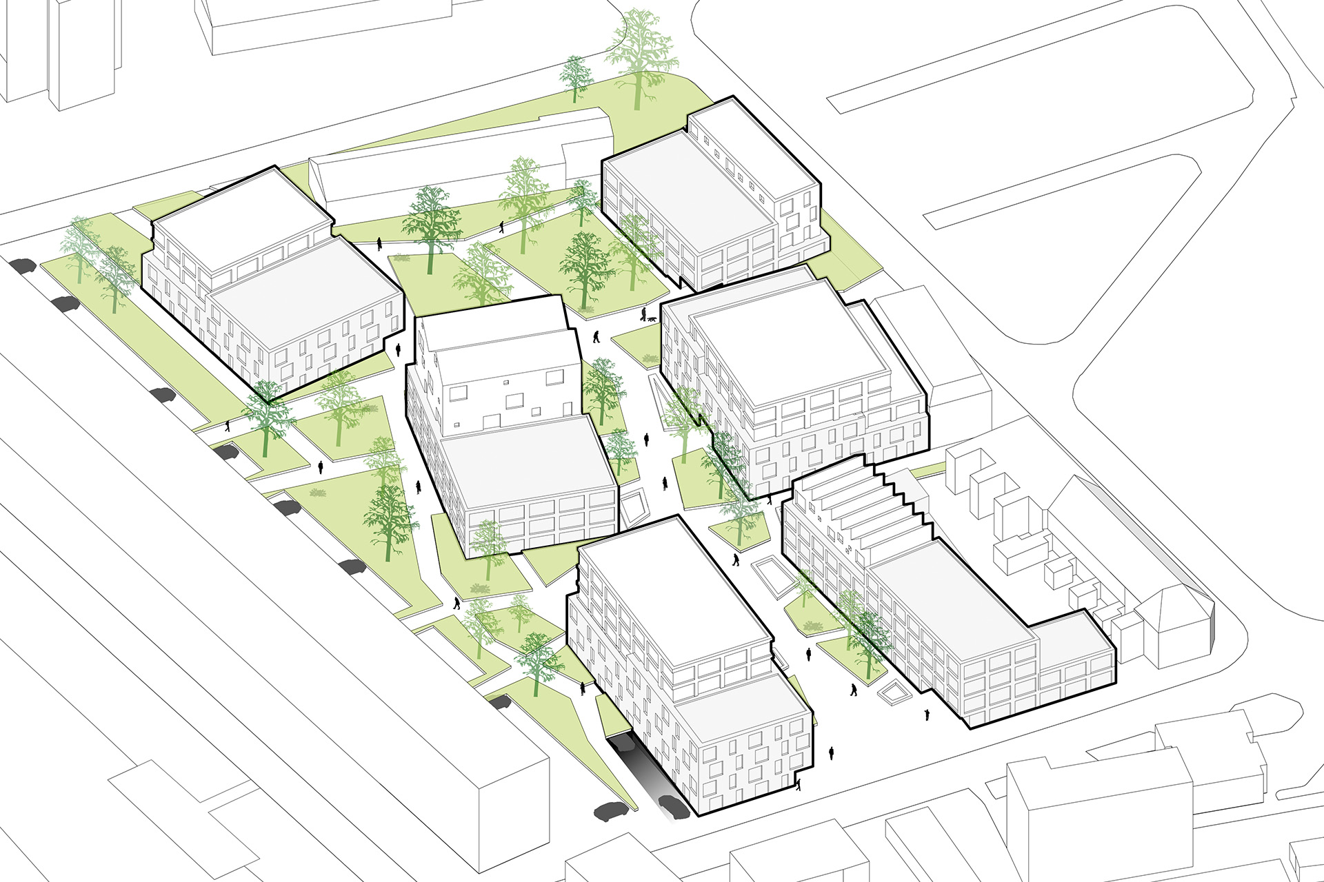 Axometrie van project Jullensblok uitgevoerd door MINT Architecten